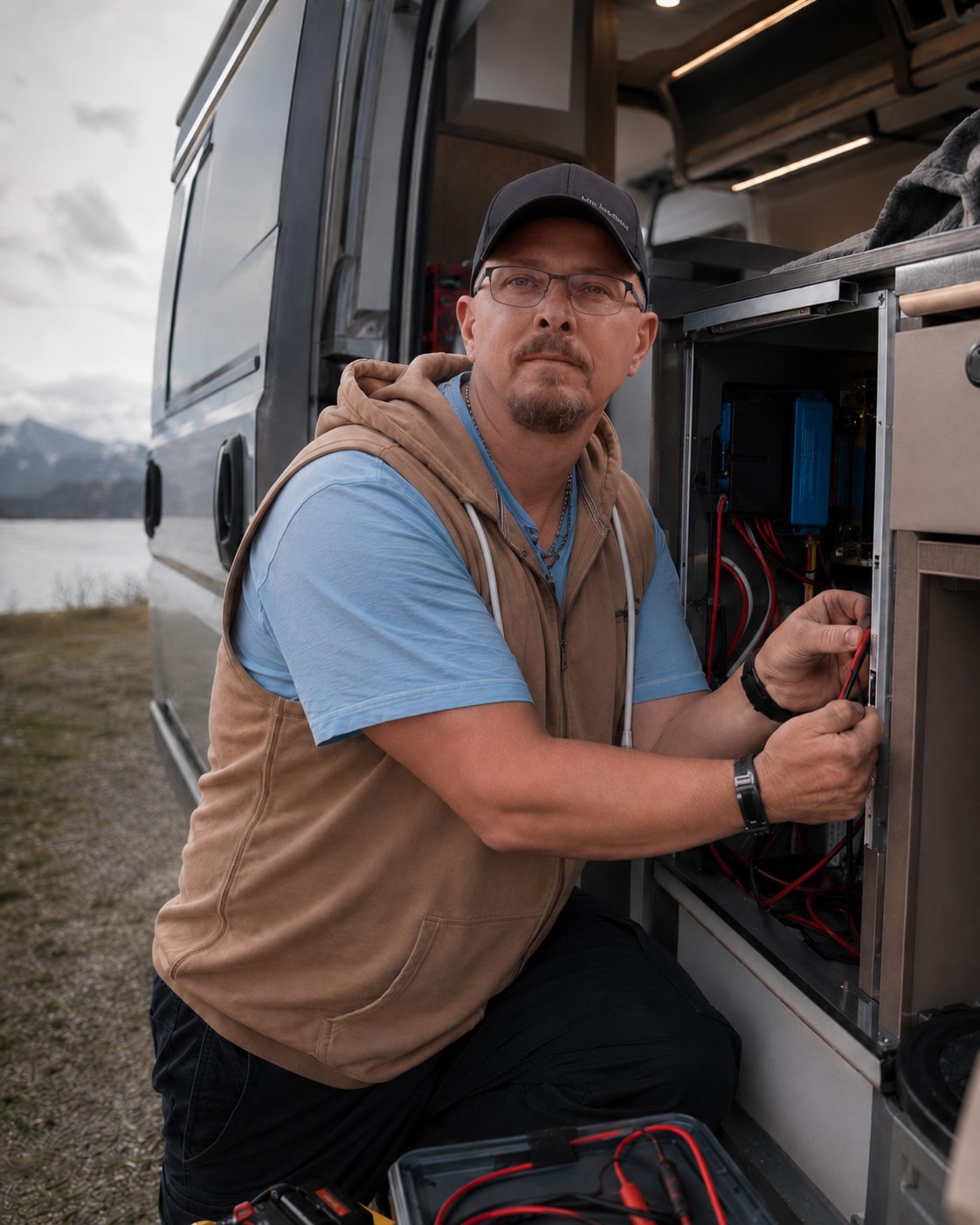 Janne Engman testing the campervan's electrical system with a multimeter at the open equipment bay.