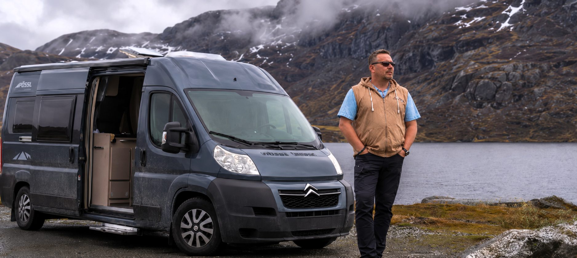 The EngmanMedia campervan and Janne Engman at a rocky lakeside under heavy mountain cloud.